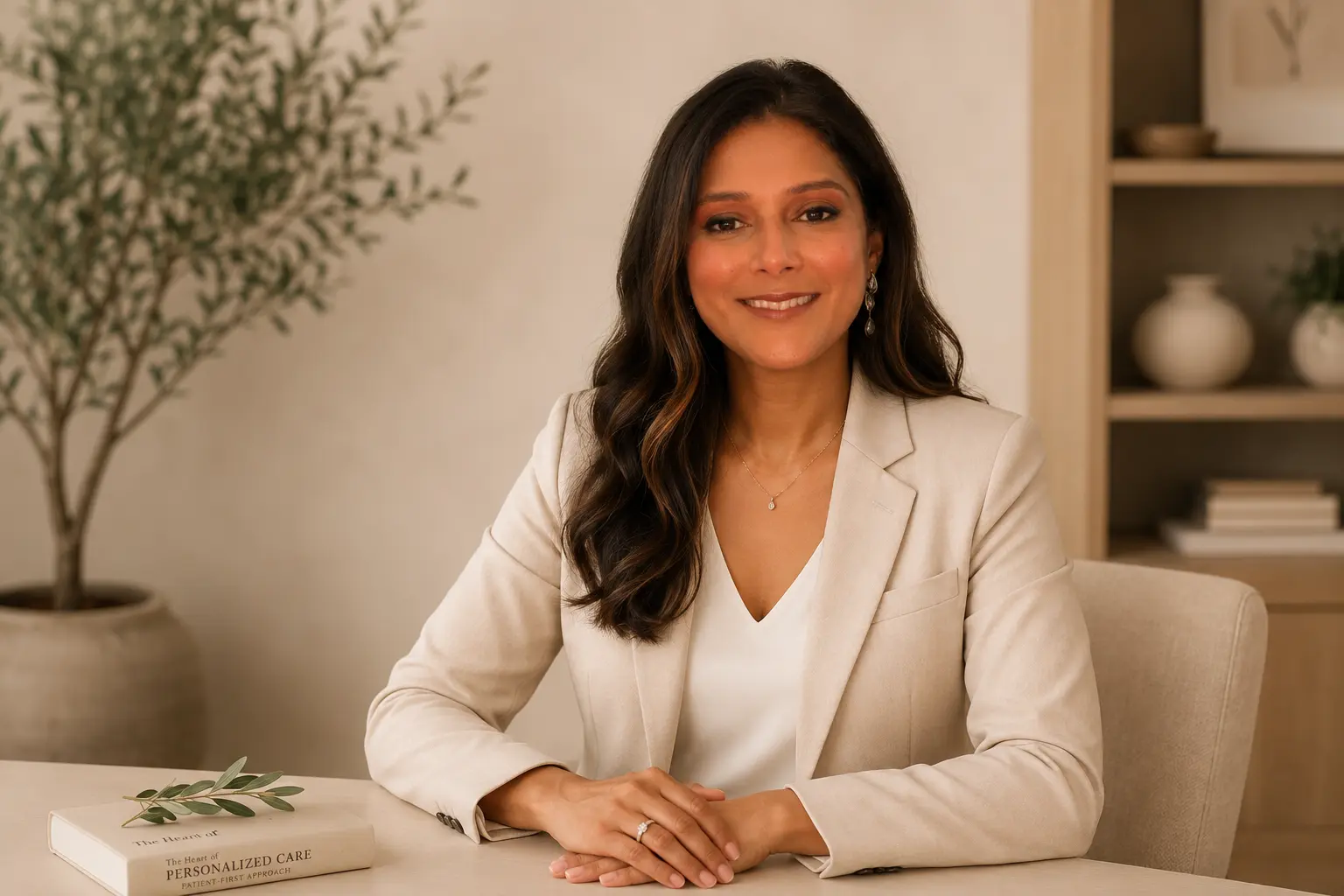 Dr. Megha Agarwal seated at her desk beside a potted olive tree